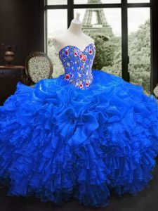 Admirable Royal Blue Organza Lace Up Sweetheart Sleeveless Floor Length Quinceanera Dress Embroidery and Ruffles