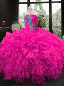 Fuchsia Organza Lace Up Strapless Sleeveless Floor Length Quinceanera Gown Embroidery and Ruffles