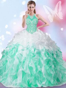 Halter Top Multi-color Sleeveless Floor Length Beading and Ruffles and Pick Ups Lace Up Quinceanera Dresses