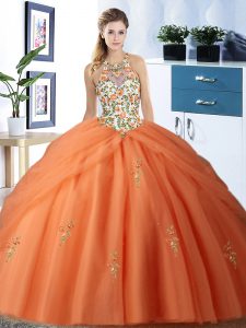 Fabulous Pick Ups Halter Top Sleeveless Lace Up Quinceanera Dress Orange Tulle