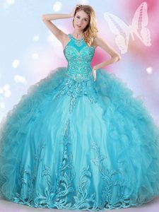 Halter Top Sleeveless Tulle Vestidos de Quinceanera Beading and Appliques Lace Up