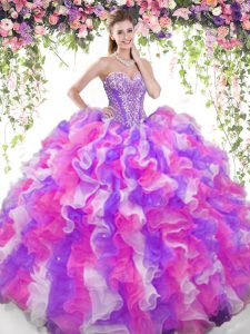 Modest Multi-color Lace Up Sweet 16 Dress Beading and Ruffles Sleeveless Floor Length