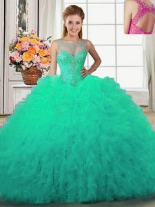 High Quality Scoop Turquoise Ball Gowns Beading and Ruffles Quinceanera Gown Lace Up Tulle Sleeveless Floor Length