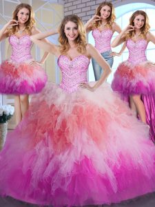 Edgy Four Piece Sleeveless Tulle Floor Length Lace Up 15 Quinceanera Dress in Multi-color with Beading and Ruffles