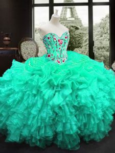 Turquoise Ball Gowns Embroidery and Ruffles Quince Ball Gowns Lace Up Organza Sleeveless Floor Length
