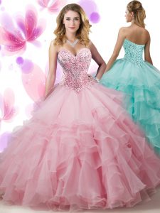 Inexpensive Pink Lace Up Sweetheart Beading and Ruffled Layers Quinceanera Dresses Organza Sleeveless