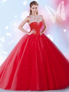 Red Sleeveless Floor Length Beading and Sequins Zipper Sweet 16 Dresses