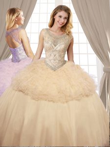 Ideal Champagne Lace Up Scoop Beading and Ruffles Sweet 16 Dress Organza and Tulle Sleeveless