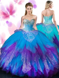 Spectacular Sweetheart Sleeveless Quinceanera Dress Floor Length Beading and Ruffles Multi-color Tulle
