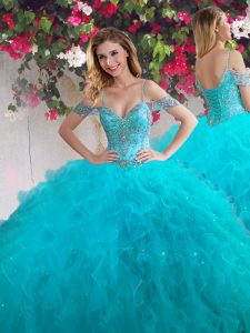 Off the Shoulder Floor Length Ball Gowns Sleeveless Teal Quinceanera Dresses Lace Up