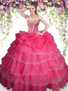 Coral Red Sleeveless Beading and Ruffled Layers and Pick Ups Floor Length 15 Quinceanera Dress