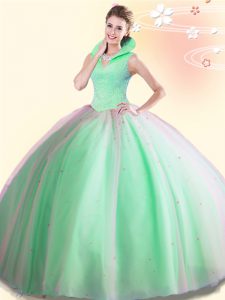 Fashion Tulle Backless High-neck Sleeveless Floor Length 15 Quinceanera Dress Beading