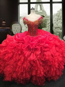 Trendy Red Cap Sleeves Beading and Ruffles Floor Length Quinceanera Dress