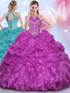 High Class Halter Top Fuchsia Lace Up 15th Birthday Dress Appliques and Pick Ups Sleeveless Floor Length