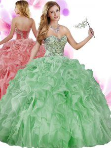 Floor Length Lace Up Ball Gown Prom Dress Green for Military Ball and Sweet 16 and Quinceanera with Beading and Ruffles