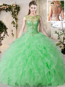 On Sale Green Quinceanera Gown Military Ball and Sweet 16 and Quinceanera and For with Beading and Ruffles Scoop Sleevel