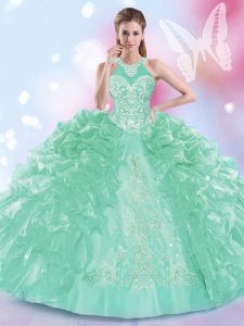Fashionable Halter Top Sleeveless Sweet 16 Dress Floor Length Appliques and Ruffles Apple Green Organza