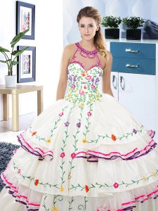 Beautiful White Ball Gown Prom Dress Military Ball and Sweet 16 and Quinceanera and For with Embroidery and Ruffled Laye