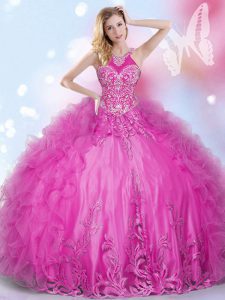 Admirable Halter Top Sleeveless Quinceanera Dress Floor Length Beading and Appliques and Ruffles Hot Pink Tulle
