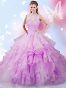 Tulle High-neck Sleeveless Lace Up Beading and Ruffles Ball Gown Prom Dress in Lilac