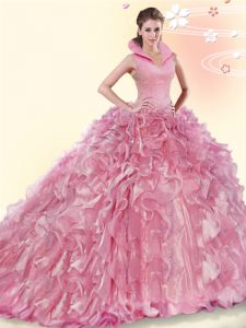 Fantastic Organza High-neck Sleeveless Brush Train Backless Beading and Ruffles Sweet 16 Quinceanera Dress in Pink