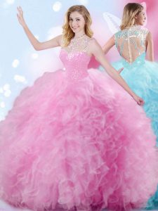 Rose Pink Ball Gowns Beading and Ruffles and Pick Ups Sweet 16 Dresses Zipper Tulle Sleeveless Floor Length