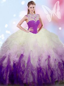 Sweet White And Purple Sleeveless Tulle Zipper Ball Gown Prom Dress for Military Ball and Sweet 16 and Quinceanera