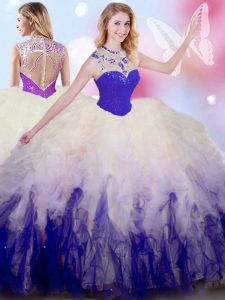 Enchanting High-neck Sleeveless Tulle Ball Gown Prom Dress Beading and Ruffles Zipper