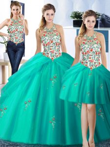 Fantastic Three Piece Halter Top Sleeveless Lace Up Floor Length Embroidery and Pick Ups Sweet 16 Dress
