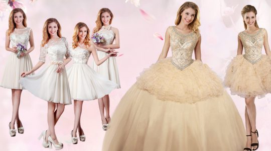 Colorful Scoop Champagne Ball Gowns Beading and Ruffles 15 Quinceanera Dress Lace Up Organza and Tulle Sleeveless Floor 