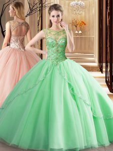 Hot Selling Apple Green Ball Gowns Scoop Sleeveless Tulle Brush Train Lace Up Beading Quince Ball Gowns
