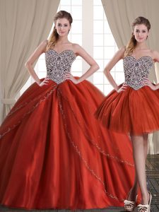 Vintage Three Piece Rust Red Ball Gowns Tulle Sweetheart Sleeveless Beading With Train Lace Up 15 Quinceanera Dress Brus