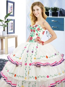 White Sweetheart Lace Up Embroidery and Ruffled Layers Sweet 16 Dresses Sleeveless