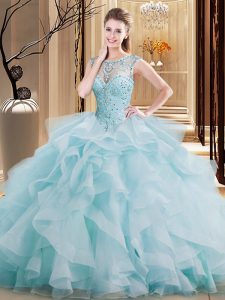 Inexpensive Scoop Sleeveless Ball Gown Prom Dress Brush Train Beading and Ruffles Light Blue Tulle