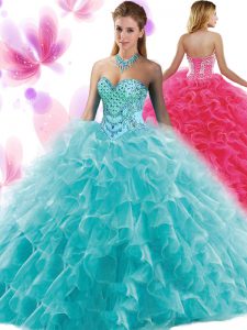 Dynamic Beading and Ruffles 15 Quinceanera Dress Teal Lace Up Sleeveless Floor Length