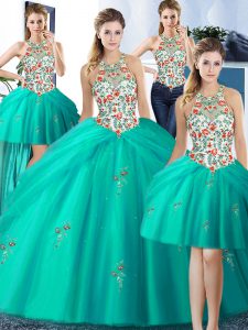 Extravagant Four Piece Halter Top Sleeveless Lace Up Floor Length Embroidery and Pick Ups 15 Quinceanera Dress