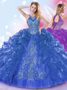 Halter Top Floor Length Royal Blue 15 Quinceanera Dress Organza Sleeveless Appliques and Ruffled Layers