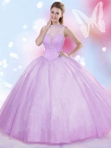 Deluxe Lavender High-neck Neckline Beading Quinceanera Dresses Sleeveless Lace Up