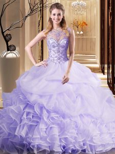 Lavender Scoop Neckline Beading and Ruffles and Pick Ups Quinceanera Dress Sleeveless Lace Up