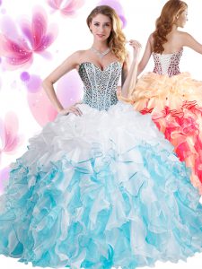 Floor Length Lace Up Quinceanera Gowns Blue And White for Military Ball and Sweet 16 and Quinceanera with Beading and Ru