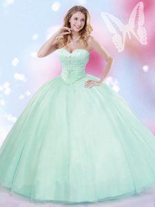 Floor Length Lace Up Quinceanera Dress Apple Green for Military Ball and Sweet 16 and Quinceanera with Beading