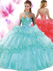 Decent Floor Length Lace Up Quinceanera Dresses Aqua Blue for Military Ball and Sweet 16 and Quinceanera with Pick Ups