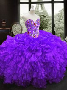 Beautiful Sleeveless Floor Length Embroidery and Ruffles Lace Up Sweet 16 Dresses with Purple