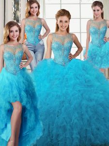 Great Four Piece Baby Blue Lace Up Scoop Beading and Ruffles Quince Ball Gowns Tulle Sleeveless