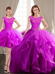 Three Piece Fuchsia Quince Ball Gowns Military Ball and Sweet 16 and Quinceanera and For with Beading and Appliques and 
