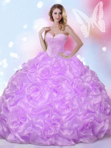 Lavender Ball Gowns Beading Sweet 16 Quinceanera Dress Lace Up Fabric With Rolling Flowers Sleeveless Floor Length