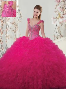 Shining Floor Length Hot Pink Quinceanera Dresses Straps Sleeveless Lace Up