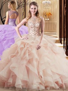Peach Quinceanera Gowns Scoop Sleeveless Brush Train Lace Up