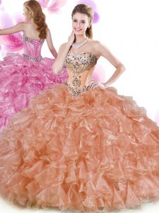 Delicate Sleeveless Organza Floor Length Lace Up Sweet 16 Dresses in Rust Red and Peach with Beading and Ruffles