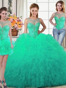 Affordable Three Piece Turquoise Tulle Lace Up Scoop Sleeveless Floor Length Sweet 16 Dress Beading and Ruffles
